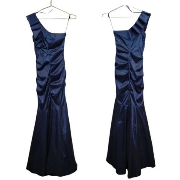 Bee Darlin | One Shoulder Mermaid Ruffle Evening Prom Dress Blue - Picture 1 of 12